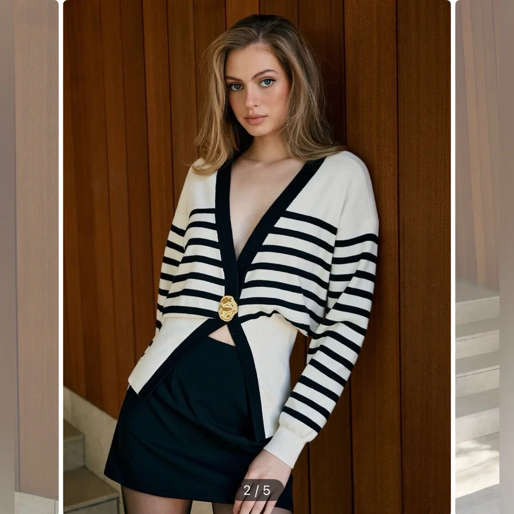 Commense Contrast Striped Metal-Button Knit Black and White Striped Cardigan - Picture 1 of 8